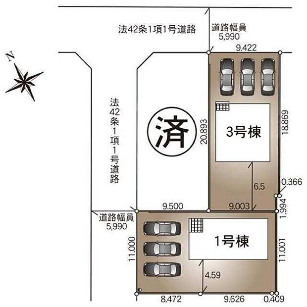 【全体区画図】駐車スペース並列3台分完備☆
急な来客時も安心です！ご家族分の自転車も駐輪できますね♪
広々敷地に、南庭付の理想のお住まいです！