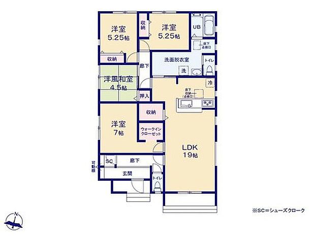 【4LDK】生活動線がコンパクトで人気の平屋プラン♪
広々LDK19帖はリビング収納が付き、日用品や
お掃除用品の定位置にぴったりです☆
忙しい朝もスムーズな家事動線の水回り集約設計◎