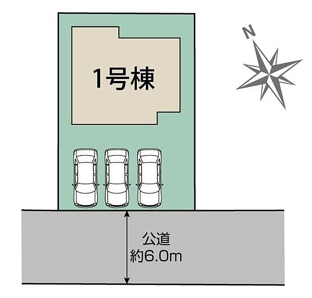【全体区画図】敷地53坪超！公道約6mに接するゆとりある配置です☆
並列3台分の広々カースペース◎家族分の自転車を駐輪したり、来客用の駐車スペースとしてもお使いいただけます♪