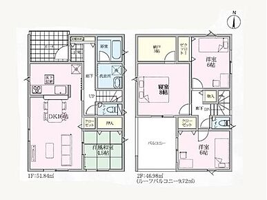 3帖の納戸付き♪季節の家電や思い出の
品などたっぷり収納出来ます◎2階居室は
6帖～8帖とゆとりある間取りプラン☆
南向きワイドバルコニーには洗濯物をたっぷり
干せます！ 
