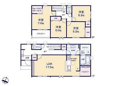 ◇採光良好なLDKは広々17.5帖！水回り集中設計◎
◇育ちざかりのお子様を持つご家庭に嬉しいパントリー付き☆
◇洋室を2階に集約し、プライバシーにも配慮した間取りプラン。 