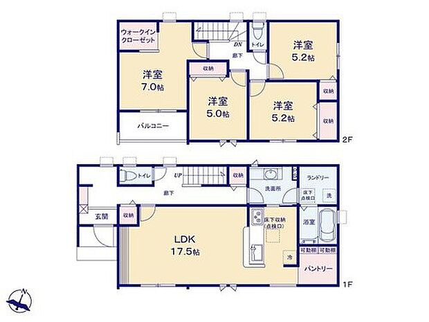【4LDK】◇採光良好なLDKは広々17.5帖!水回り集中設計◎
◇育ちざかりのお子様を持つご家庭に嬉しいパントリー付き☆
◇洋室を2階に集約し、プライバシーにも配慮した間取りプラン。