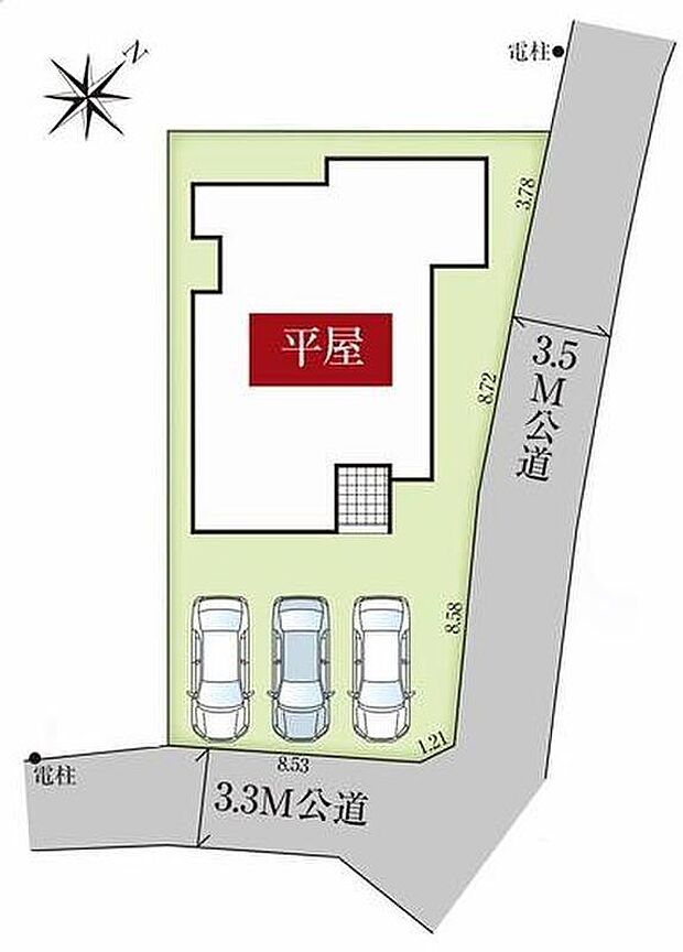 【全体区画図】敷地70坪超えの角地♪
カースペース3台分ございますので、家族分の自転車を駐輪したり、来客用の駐車スペースとしてもお使いいただけます。