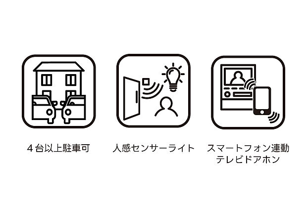 【安心と便利を備えた充実のスマート設備仕様】ゆとりある駐車スペースで４台駐車が可能。来客時や複数台所有のご家庭にも安心です。玄関まわりには人感センサーライトを設置し、夜間の安全性を向上。暗い中でも自動で点灯するため防犯にも役立ちます。さらにスマートフォン連動のテレビドアホンを採用し、外出先でも来訪者の確認が可能。暮らしをより便利に、より安心にする設備がそろっています。