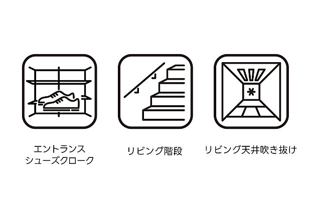 【収納便利な玄関と開放的な吹抜けリビング】玄関には大容量のシューズクロークを設け、靴や傘、アウトドア用品までスッキリ整理可能。家の第一印象となる玄関がいつも美しく保てます。リビング階段は家族の動きを自然につなぎ、コミュニケーションが生まれる人気の間取り。吹抜けリビングは2階の窓から一年中明るい光が降り注ぎ、開放感あふれる気持ちの良い空間です。また全館空調なので冬でも全く寒くありません。暮らしやすさとデザイン性を兼ね備えた住まいです。