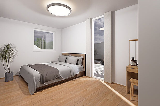 【寝室】一日の終わりをゆったりと過ごせる、落ち着きのある寝室。やさしい光と静けさに包まれ、質の高い休息を叶えます。※画像はハイスペックCGにて作成したイメージです。