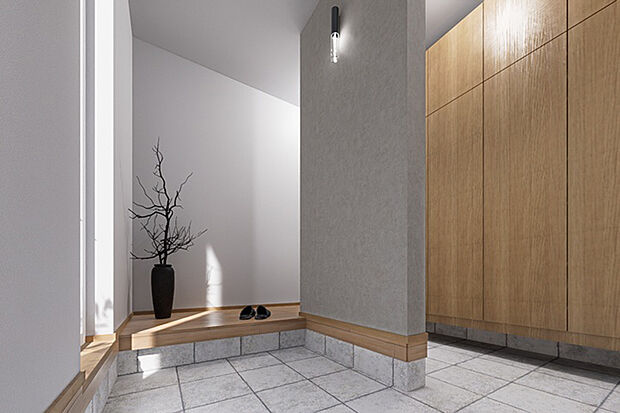 【玄関】家に帰るたび、心が整うような落ち着きのある玄関空間。ゆとりある設計と収納力で、すっきりとした暮らしを支えます。※画像はハイスペックCGにて作成したイメージです。