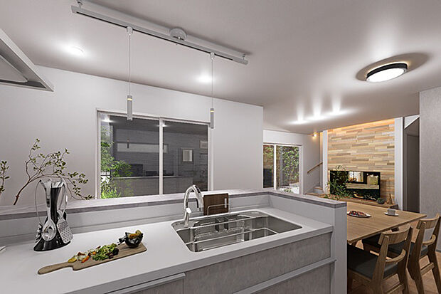 【キッチン】料理をしながら家族との会話も楽しめる対面キッチン。動線と使いやすさに配慮し、毎日の家事をスムーズにします。※画像はハイスペックCGにて作成したイメージです。