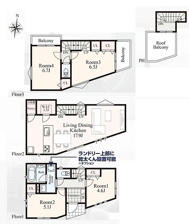 キッチン・階段・収納がリビングを中心に集約された、家族の繋がりを感じる設計です。対面式キッチンからはリビング全体が見渡せ、お料理中も家族との会話が途切れません。