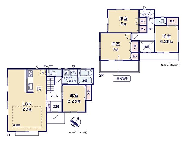 玄関から階段にかけて採用された吹き抜けが、圧倒的な開放感を演出します 。高い位置に設けられたスリット窓からは優しい自然光が差し込み、家全体を明るくクリーンな印象に 。