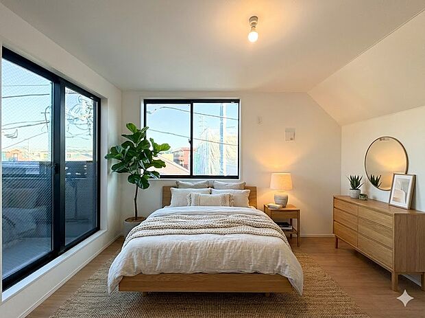 3階に位置する最大7.2帖の洋室は、多面採光で明るく、開放感あふれるプライベート空間。全居室のサッシには高断熱複層ガラスを採用。(家具等はCGです)