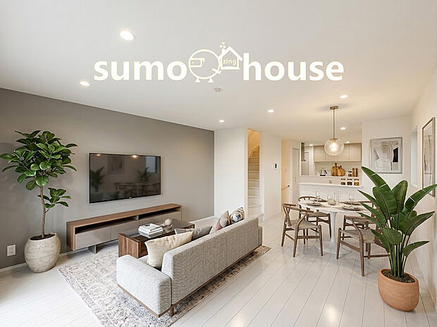 白を基調としたフローリングに、グレーのアクセントクロスがおしゃれなリビング。ご家族が集まるLDKは、明るいホワイト調の床材を使用しており空間がより広く感じられます。(家具等はCGです)