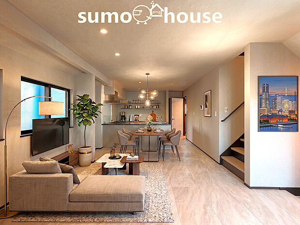 広々としたリビングには明るい光が差し込み、ご家族でゆったりとくつろげる空間です。天井にダウンライトがスッキリと配置されており、広々としたリビング全体を照らします。(家具等はCGです)
