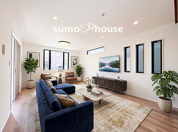 【リビング】南に大きく面した掃出し窓から光が降りそそぐ開放的なリビング。大きな窓からは、太陽のやわらかな光はもちろん、年中爽やかな風が吹き抜けます。(家具等はCGです)