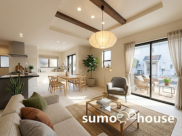 【床暖房付リビング】南に大きく面した掃出し窓から光が降りそそぐ開放的なリビング。大きな窓からは、太陽のやわらかな光はもちろん、年中爽やかな風が吹き抜けます。自然の恵みが心地の良い空間を演出します。(家具等はCGです)