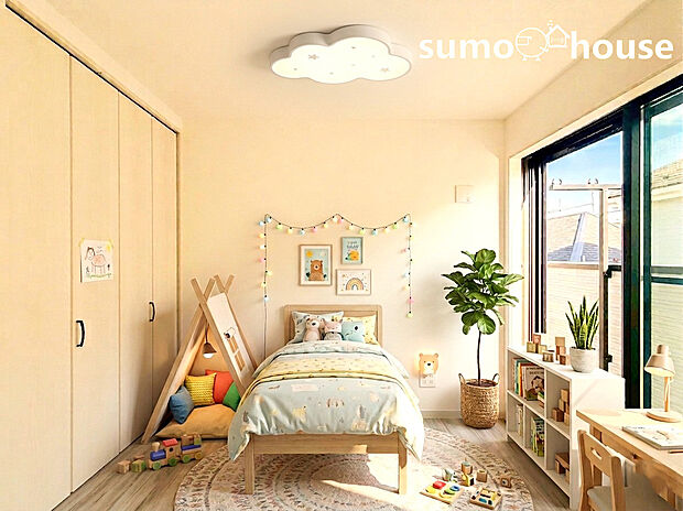 【明るい子供部屋で成長を見守れます】可愛いインテリアや家具が良く似合う、お子様の成長を温かく見守れる子供部屋に最適。どんなテイストの家具も合わせやすい、シンプルな内装デザインのお部屋です。(家具等はCGです)