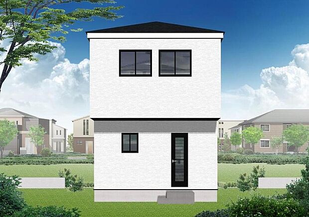 【完成予想図(外観)】完成予想パースになります。戸建のメリットは何といってもゆったり建っていること。車や自転車などおうちから出てすぐに使用可能♪