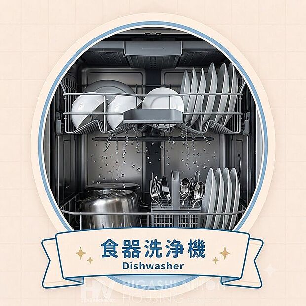 【その他設備】食器洗浄乾燥機付きで、毎日の洗い物の負担を軽減。家事の時短につながり、ご家族との時間をより大切にできる設備です。※掲載画像はイメージであり、実際の設備・仕様・形状とは異なる場合があります。