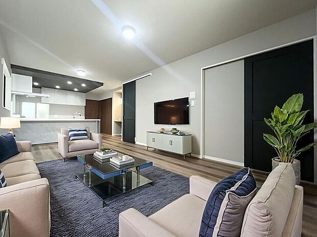 \家具入りイメージ画像/〈1号棟リビング〉約18帖のLDKはご家族皆様でゆったりとお寛ぎいただけます。家族が顔を合わせるリビング階段設計♪