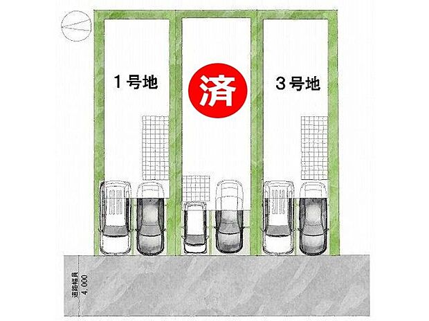 【区画図】道路：西向き・幅員４m土地面積：88.94平米～88.95平米