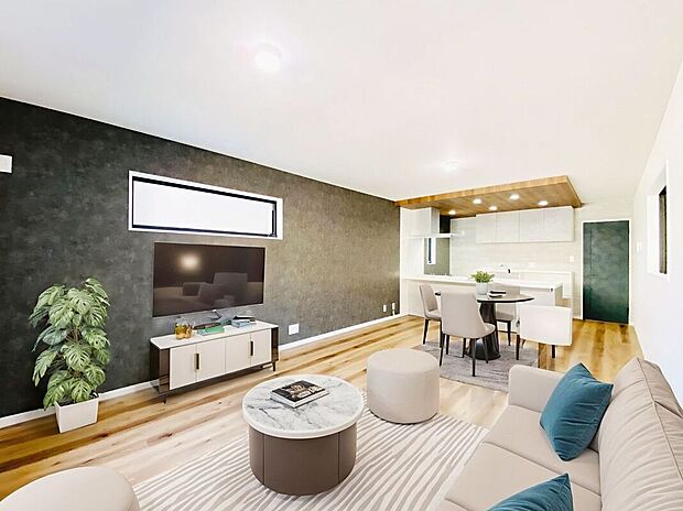 【家具設置イメージ画像】家族が自然と顔を合わせる機会が増えるリビング階段。玄関ホールや廊下を省略できるため、家の中のスペースの有効活用にもなります。