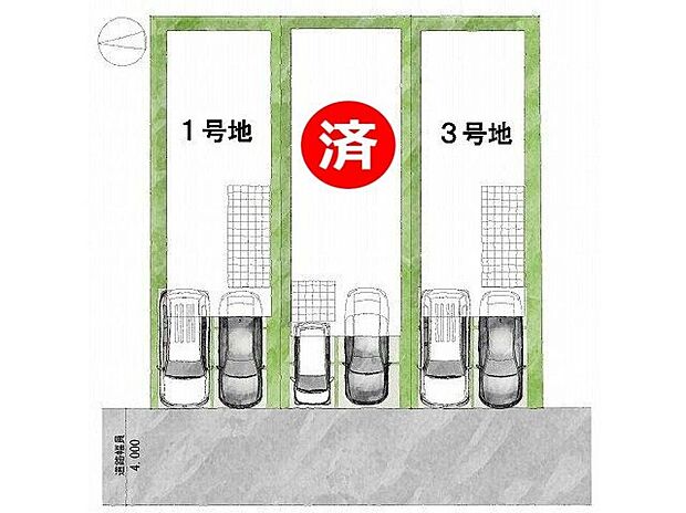 【全体区画図】【区画図】道路:西向き・幅員4m土地面積:88.94平米~88.95平米