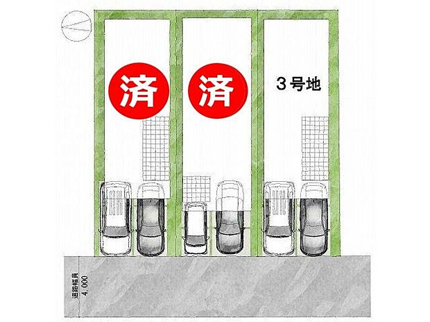 【全体区画図】【区画図】道路:西向き・幅員4m土地面積:88.94平米~88.95平米