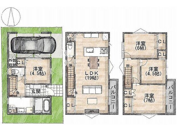【建物プラン例 (間取り図)】【参考プラン間取り図】家族それぞれのプライベート空間を確保しながら、LDKでは自然と集えるプランです。収納スペースも充実しており、暮らしやすさと動線の良さを両立した住まいとなっています。
