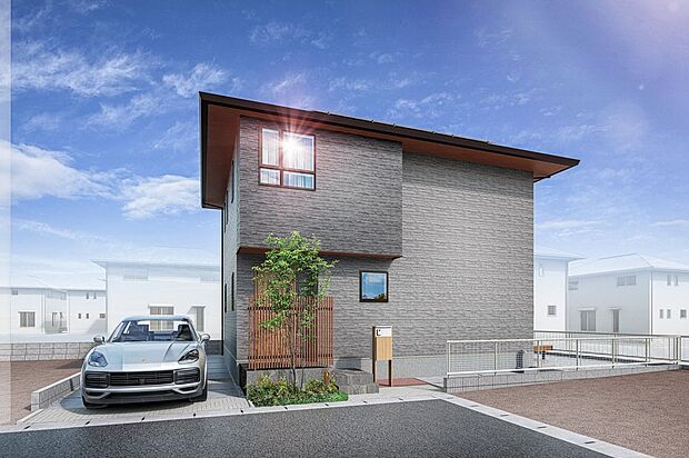 ■5号地外観（パース）深みのあるダークトーンが印象的な外観。セルフクリーニング機能付き外壁と、継ぎ目が目立ちにくいシーリングレス仕様により、美しさが長く続く住まいです。