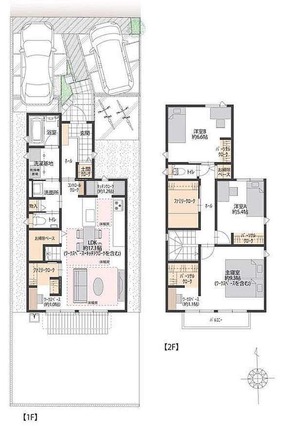 【3LDK】LDK17.1帖(ワークスペース・キッチンクローク含む)には、収納豊富なファミリークロークや、在宅に便利なワークスペースも完備。車2台分の駐車スペース付きで、家族の快適な暮らしを支える住まいです。