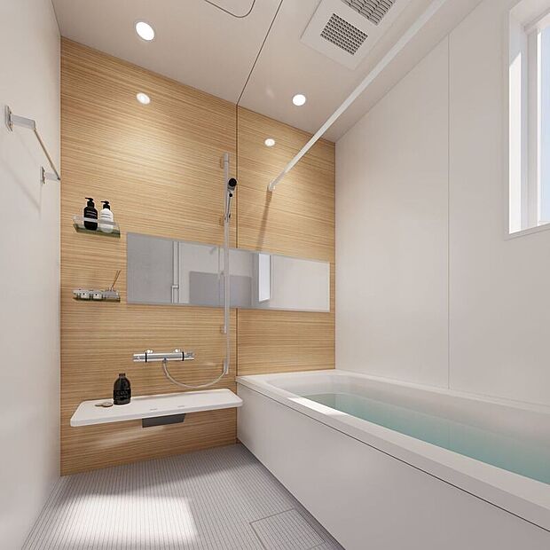 【完成予想図(内観)】■1号地バス(パース)やさしい木目調の壁が印象的なバスルームは、ほっと安らぐ空間です。浴室乾燥機が完備されているため、入浴後に浴室内を素早く乾燥させることができ、カビの発生を予防します。