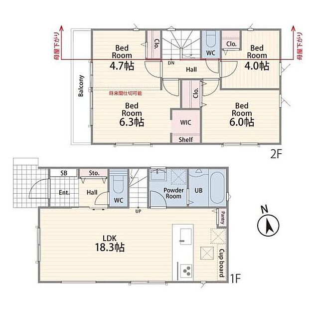 2号棟間取り
1F:49.05m2 2F:45.88m2 合計:90.93m2