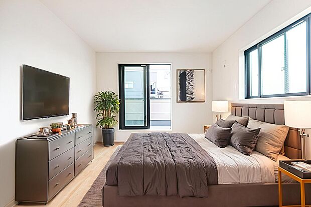 【洋室】「Bed Room」落ち着いた色合い、シンプルなデザイン。
寝室として大事なお部屋です。
（本画像はCGにて家具を配置しております。実際に家具はおかれておりません。）