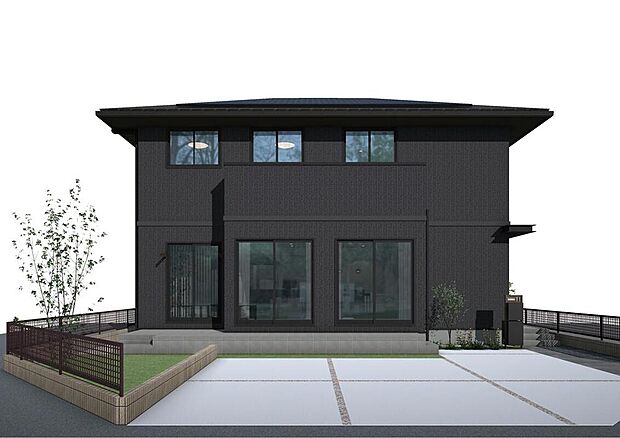 建物プラン　モデルハウスNo.10／ダークグレーのスタイリッシュな外観。3方向道路の角地です。同分譲地内でご見学可能です。