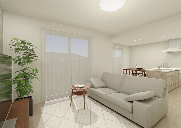 （３号棟）陽光を採り込み、明るく暖かい南面のリビング。家族の団らんに心地よさをもたらします。