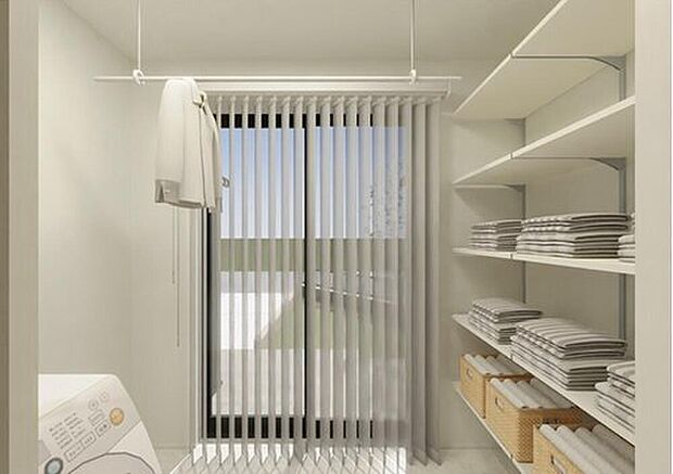 【完成予想図(内観)】No.10 ランドリールームは部屋干しも、テラスにも直接できるので外干しも可能!造り付けラックもあるので、洗濯物をすぐしまえます。