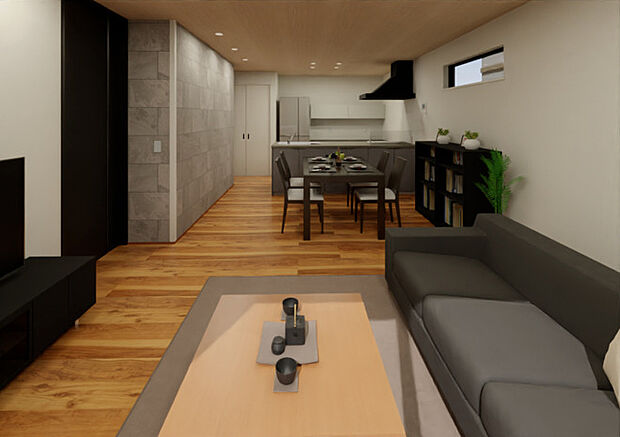 【リビング】No.1：リビング完成予定パース。天井と一面の壁のクロスを貼り分けて、高級感を演出