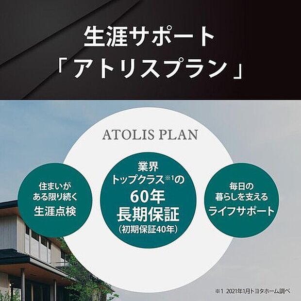 【生涯サポートアトリスプラン】トヨタホームは60年長期保証。また、お引き渡し後から定期的な点検・メンテナンスを実施。歳月に負けない高品質と優れた耐久性。モノづくりに妥協しないトヨタグループの技術力・企業力が支えています。