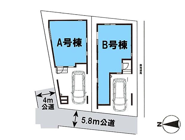 【区画図】前面5.8mあるため駐車もラクに停められます。また角地のため二方面から光が差し込み、明るく過ごしやすい室内に。