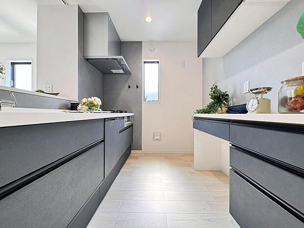 機能充実のシステムキッチンです。浄水器一体型水栓に3口グリルコンロ、食洗器と充実しておりママの家事をサポート致します。