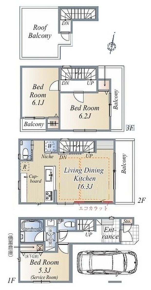 【3LDK】【A号棟 間取図 建物面積:96.87m2】 リビングを中心に、ご家族皆様が充実の暮らしをお送りいただけるプランニングです。