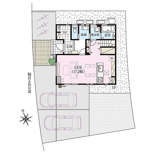 広々とした17.2帖のリビングは家族が自然と集まる心地よい空間♪
カースペースも２台あり急な来客や、ご家族分の自転車なども駐輪できます◎