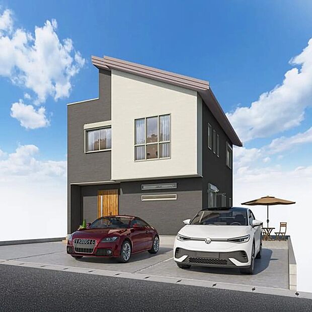 【■ 1号棟 -完成予想図（外観）- ■】洗練されたモノトーンの配色が目を引くモダンな佇まいに、木の温もりあるドアや大きな窓がアクセントとなってます♪光をたっぷり取り込む設計が、日々の暮らしに心地よさと充足感を与えてくれます。