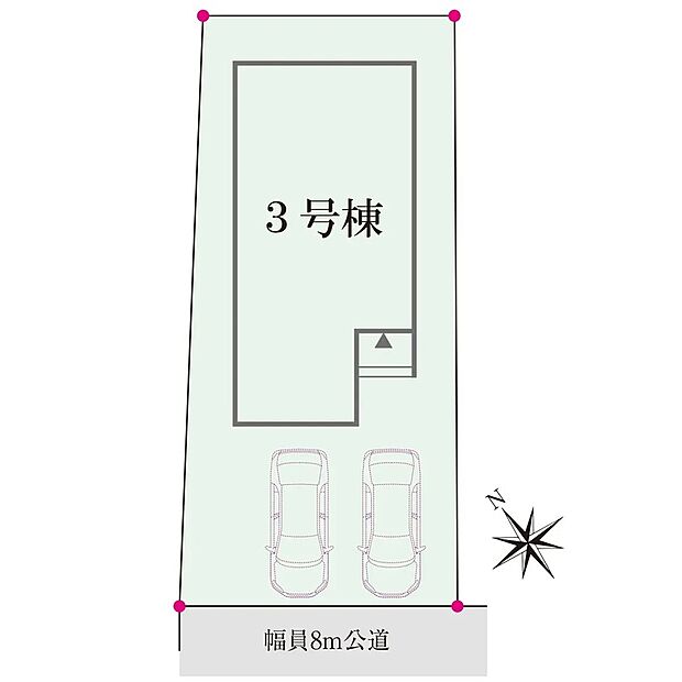 【区画図】前面道路はゆとりの幅員8m。カースペースは2台分を確保しています。