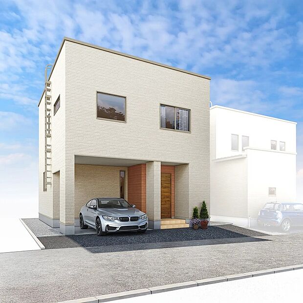 【【2号棟】外観】大切な愛車を守るガレージ付きの住まい。雨や雪の日でも快適に乗り降りができる便利な住空間です。