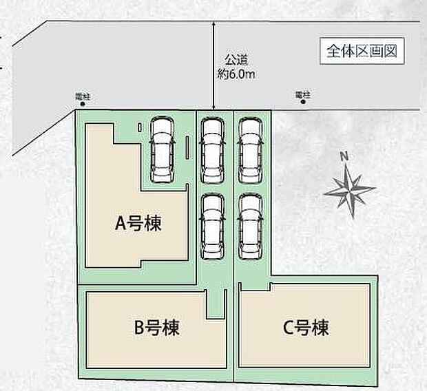 ≪全体区画図≫
B・C号棟カースペース2台♪
前面道路は6mありますので、陽当たり・風通し共に良好です!お車の駐車も安心ですね♪