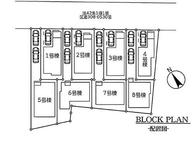 【全体区画図】前面北東側道路は6mありますので陽当たり良好！駐車も楽々ですね♪