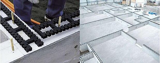 【【基礎パッキン】】基礎と土台を絶縁することで、腐朽菌や、シロアリの被害を未然に防ぎ、建物の耐久性や建材の持つ性能を十分に発揮させます。キソパッキンロングを通して、基礎全周から床下内へ自然の風を送り込みます。