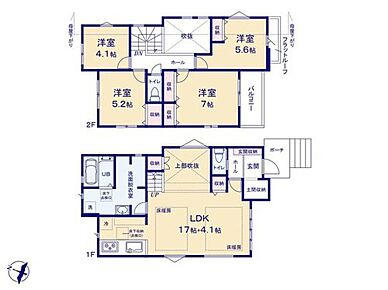 開放感ある上部吹抜！床暖房付ゆったり約21帖のLDK☆
アウトドア用品やベビーカー等もそのまま収納できる土間収納♪
オールフローリングでお手入れ・お掃除ラクラク♪ 