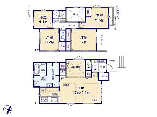 【4LDK】開放感ある上部吹抜！床暖房付ゆったり約21帖のLDK☆
アウトドア用品やベビーカー等もそのまま収納できる土間収納♪
オールフローリングでお手入れ・お掃除ラクラク♪